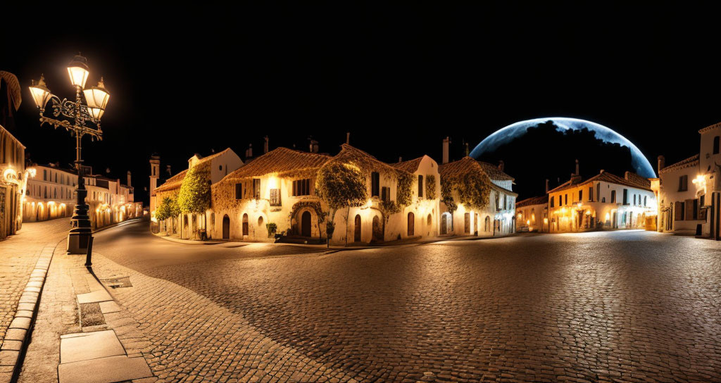 Quaint cobblestone street at night with white buildings and crescent moon