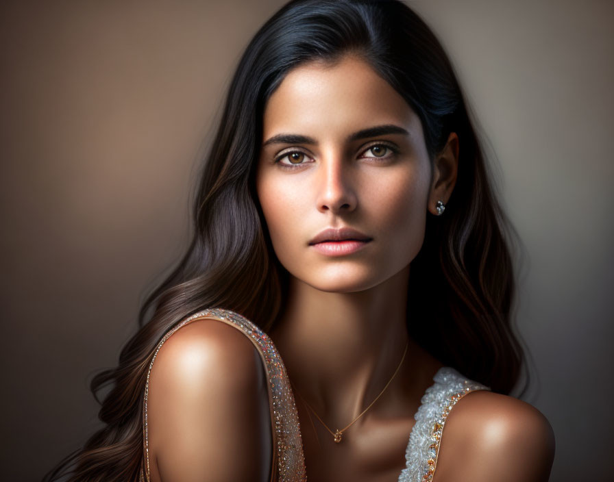 Portrait of Woman with Dark Hair, Captivating Eyes, Delicate Necklace, and Sparkly Dress