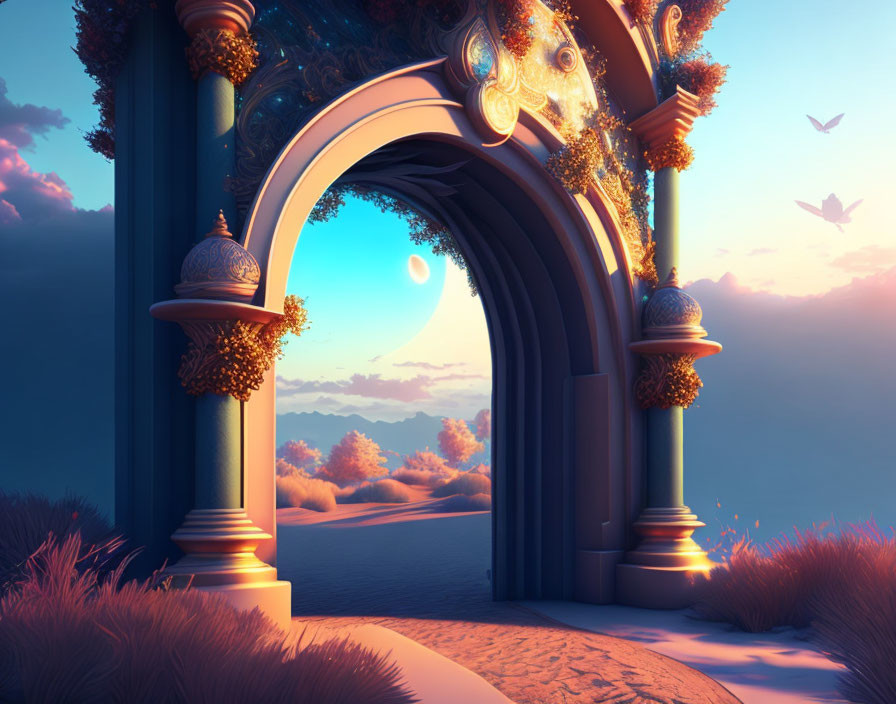 Ornate archway revealing dreamlike twilight landscape