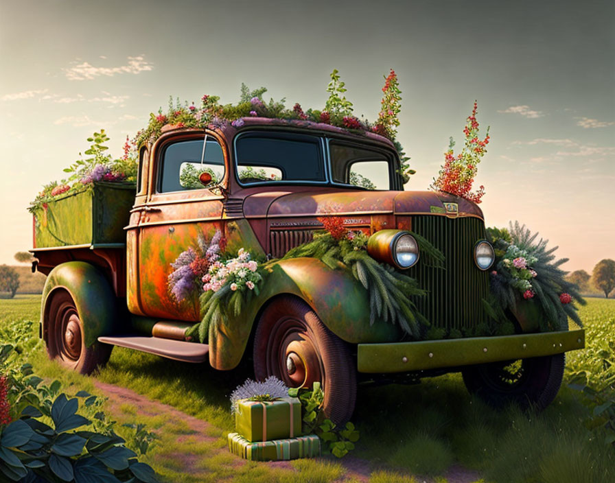 Vintage Truck Covered in Plants and Flowers in Pastoral Field