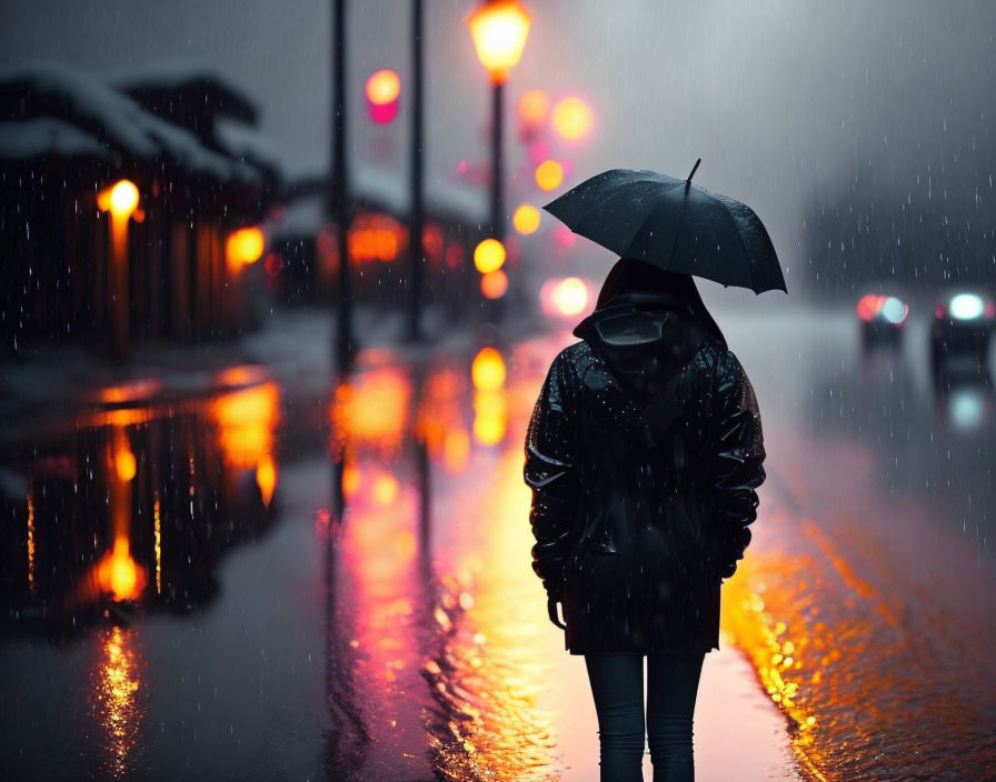 Person with umbrella in rain under illuminated street lights