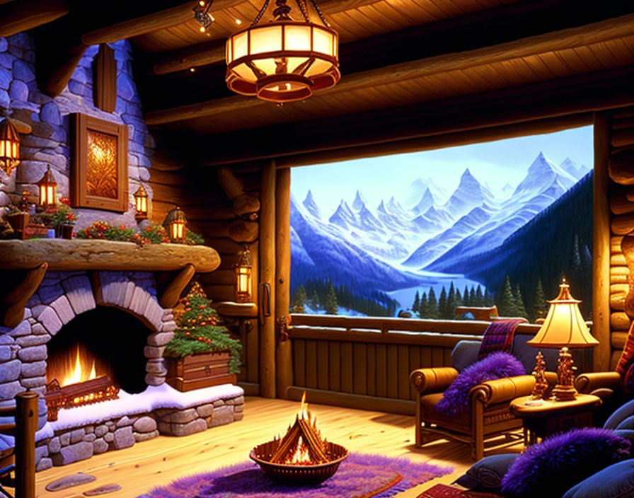 Inviting cabin interior with fireplace, cozy seating, warm lighting, snowy mountain view