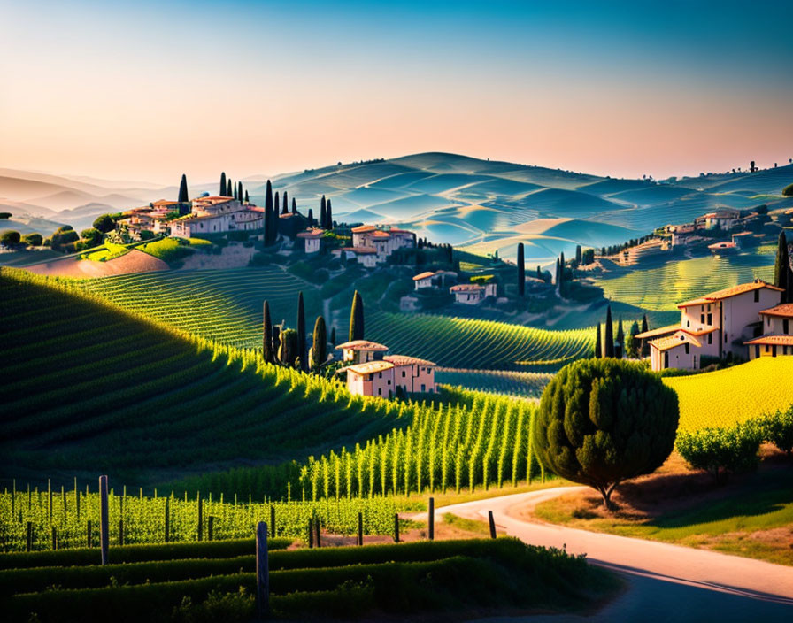 Sunset over Tuscan-style villas in vineyard-dotted hills