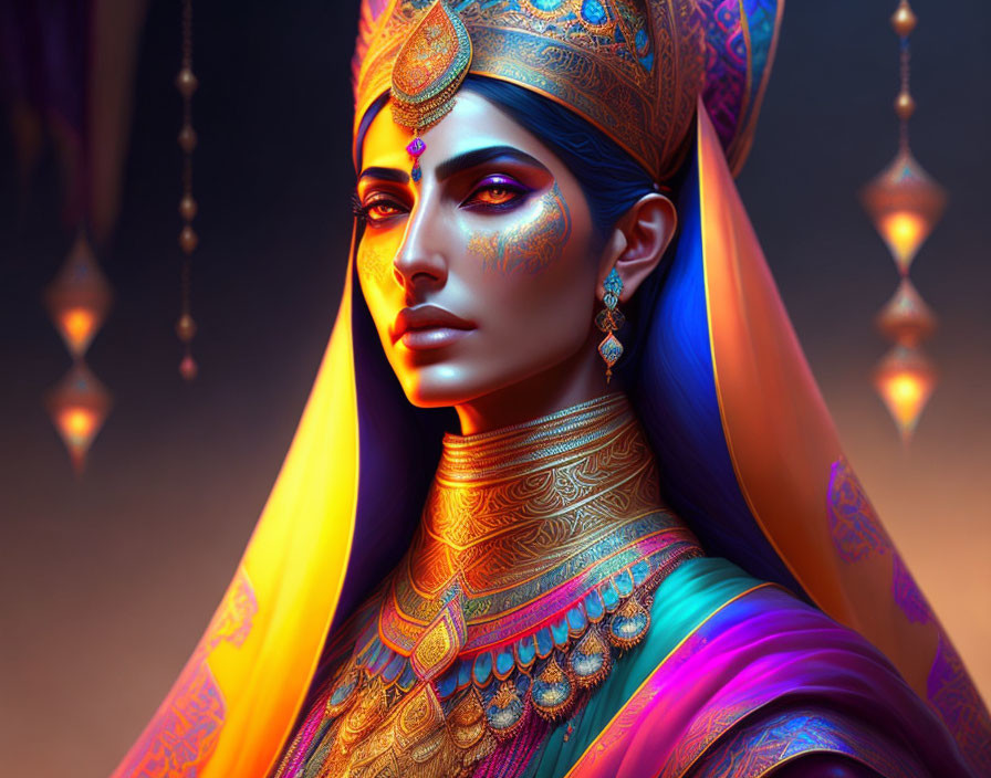 Colorful digital portrait of a woman with blue skin in ornate Indian attire