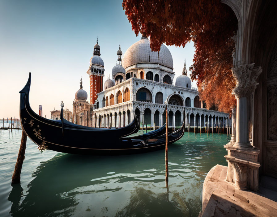 Gondola on green waters with Doge's Palace in background