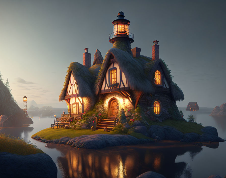 Fantasy cottage with lighthouse on rocky islands at twilight