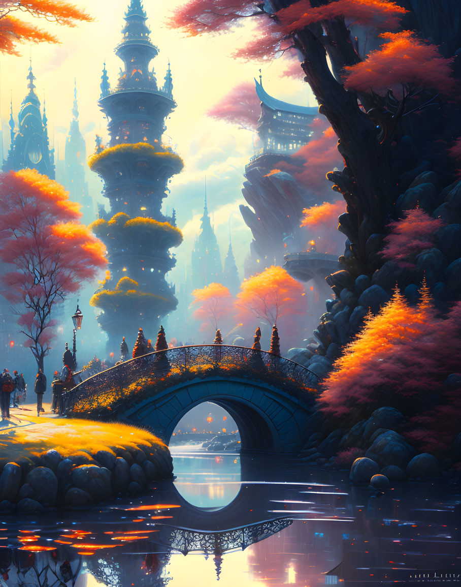 Fantasy landscape with amber foliage, arched bridge, calm river, and misty spires.