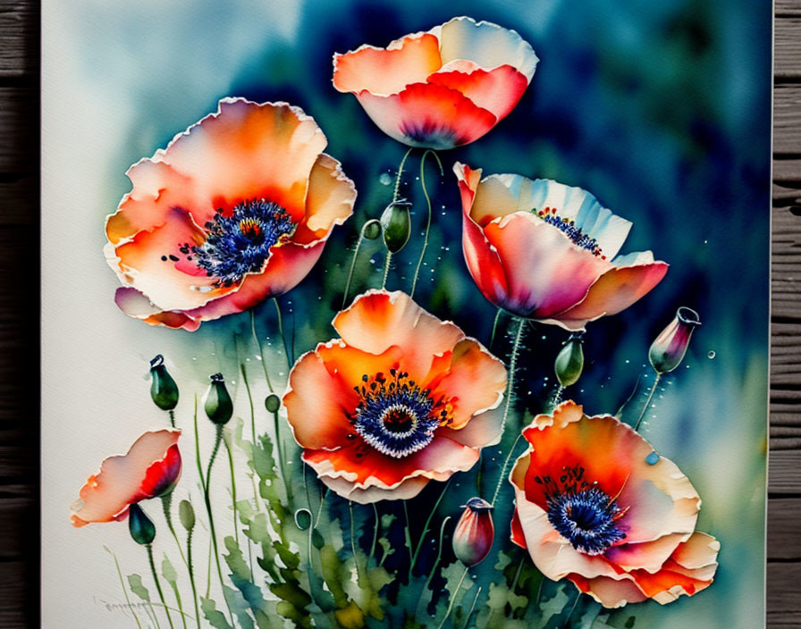 Vibrant Watercolor Painting of Orange and Red Poppies