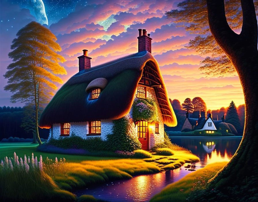 Thatched-Roof Cottage by River: Twilight Scene with Warm Lights