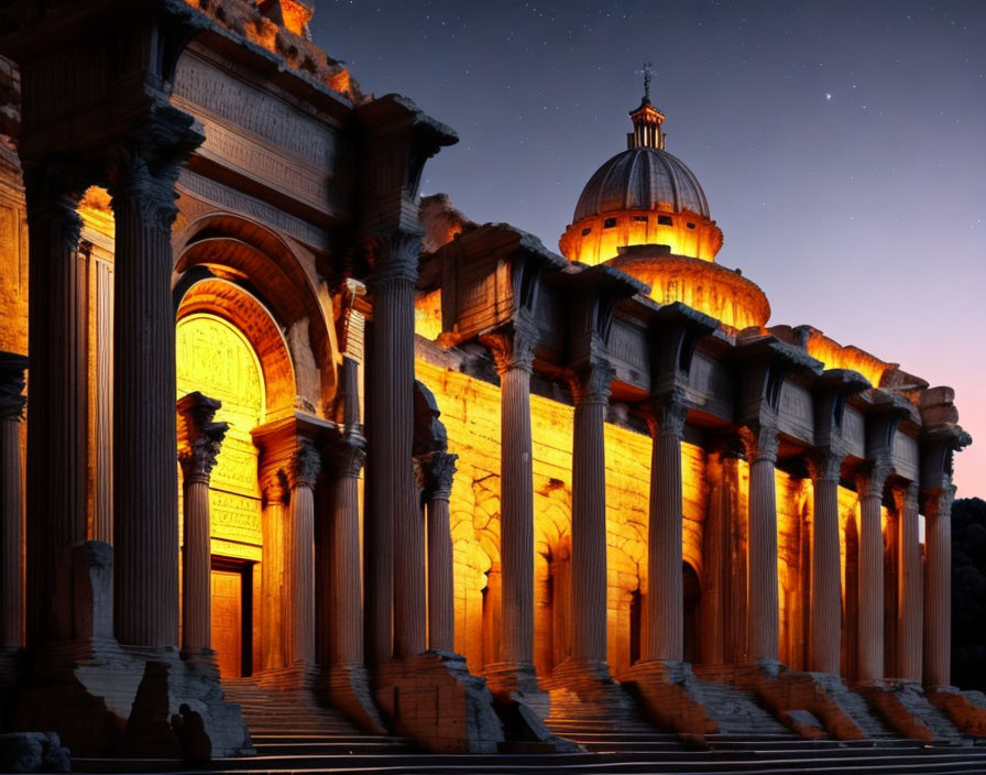 Ancient columns and grand dome under starry sky