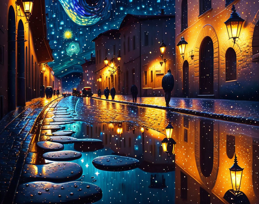 Cobblestone Street at Night with Lantern Light Reflections