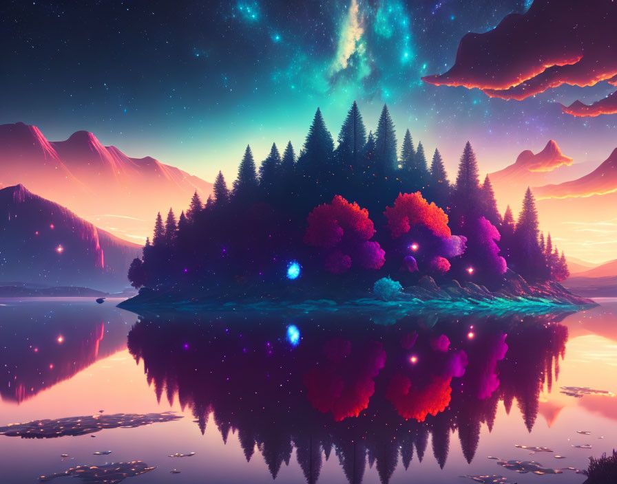 Vibrant trees on island under night sky with mountains and serene lake