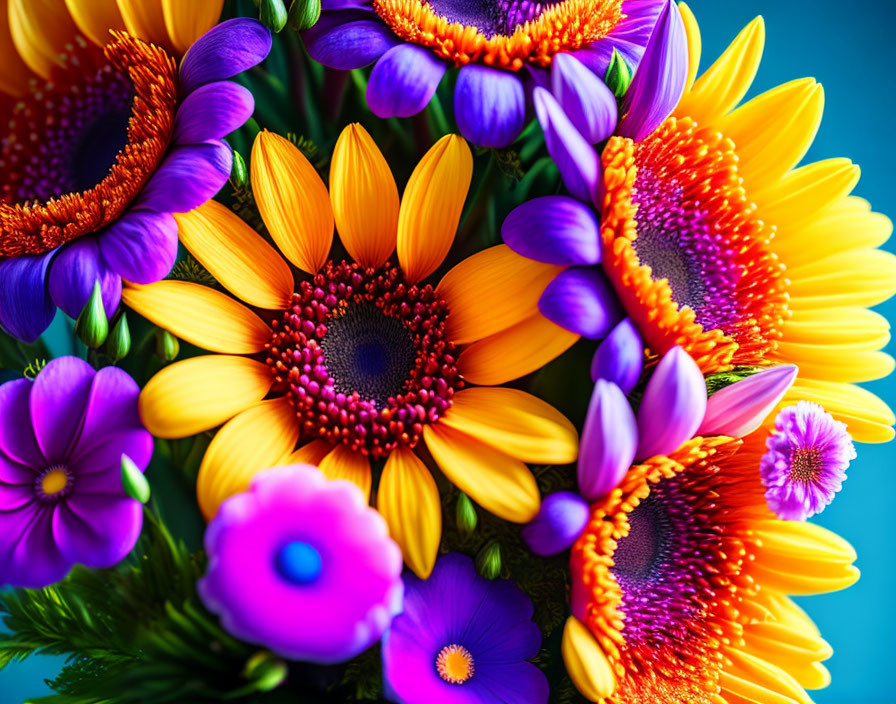 Colorful Sunflower and Purple Blossom Bouquet on Blue Background