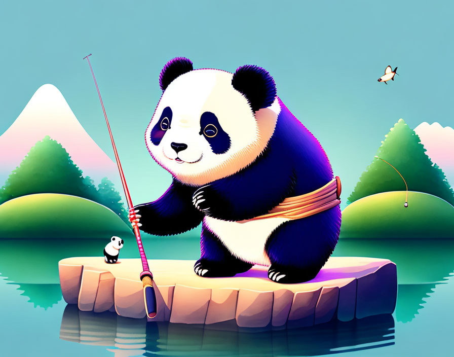 Illustrated panda fishing by riverbank with scenic backdrop