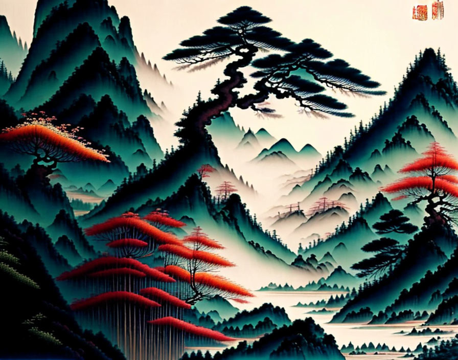 Asian landscape painting: layered misty mountains, pine trees, red foliage