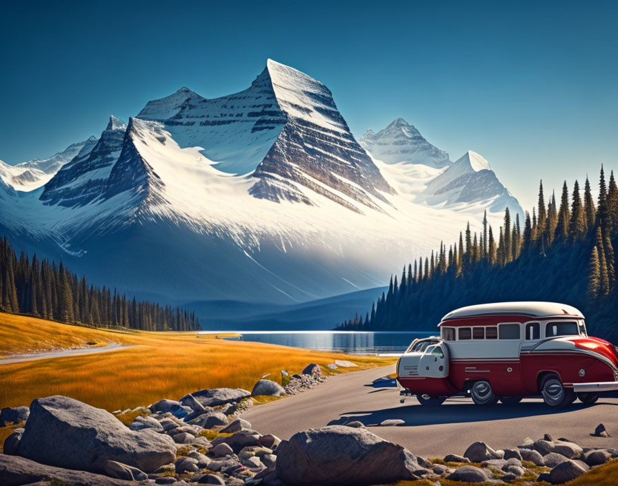 Classic Red and White Vehicle Towing Trailer by Lake and Snow-Capped Mountains