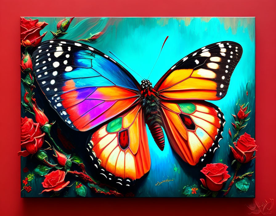 Colorful Butterfly Painting with Blue, Orange, and Black Wings among Red Roses on Teal Background