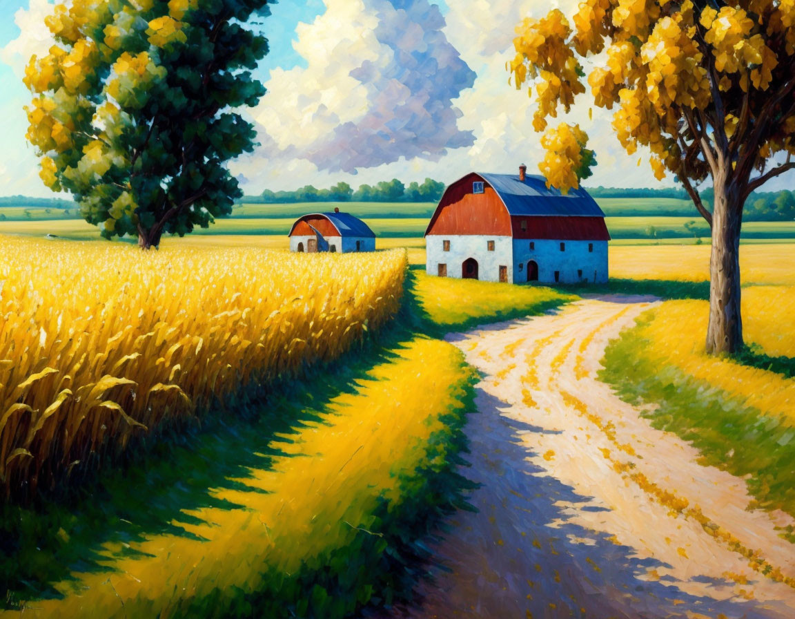 Rural landscape painting with golden wheat fields and red-roofed barn