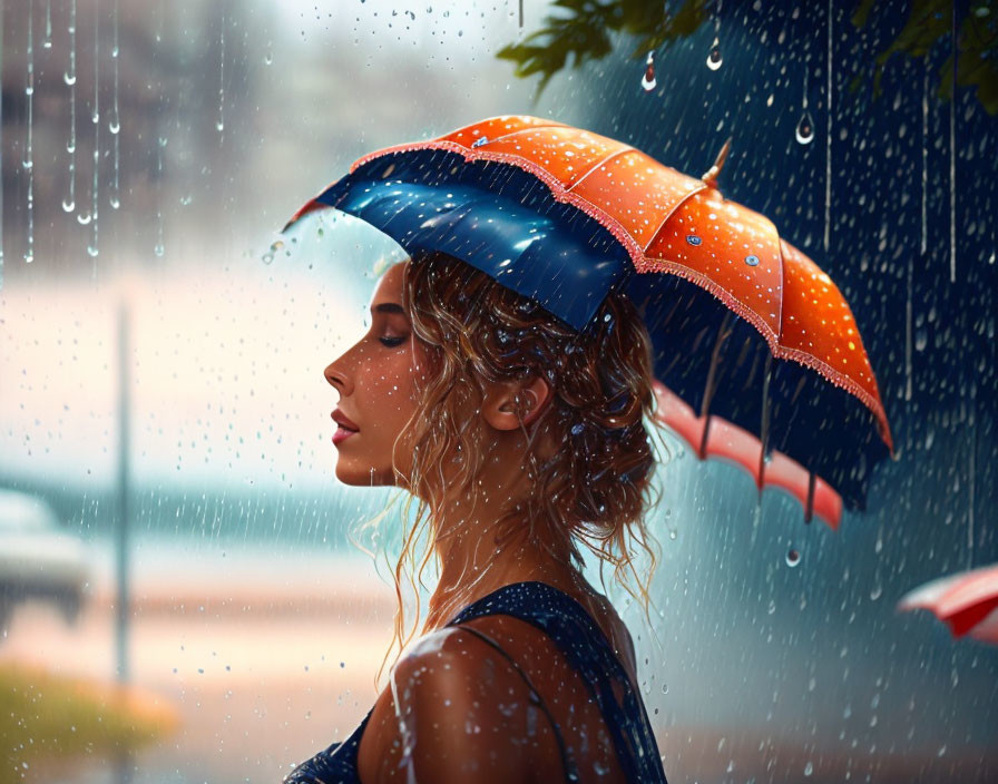 Woman with wet hair holding colorful umbrella in rain