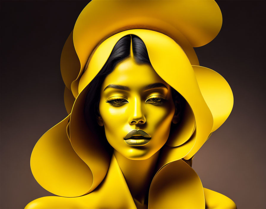 Digital artwork: Woman with golden petal halo on brown background