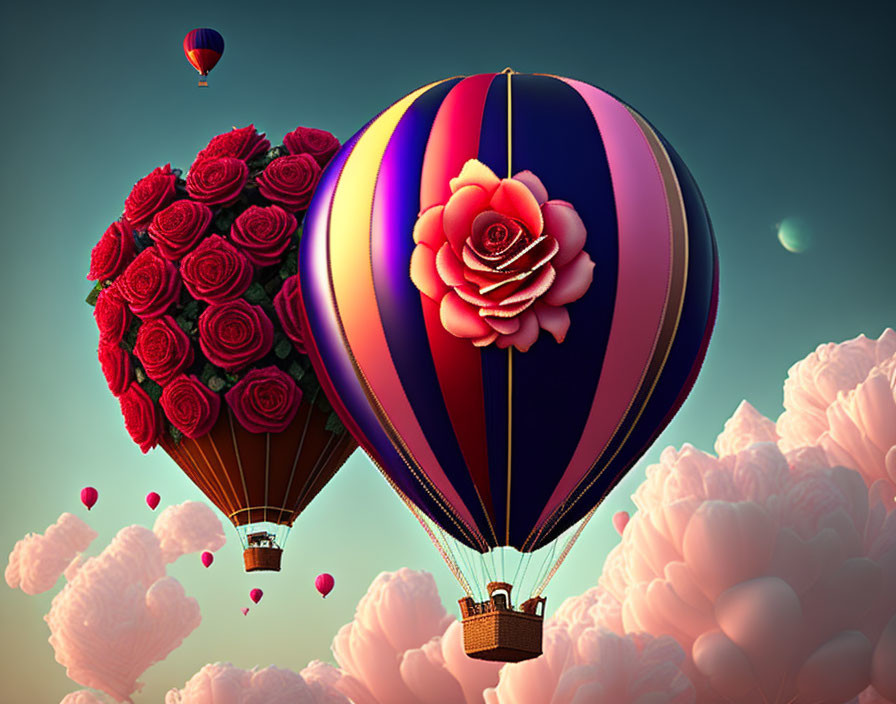 Vibrant hot air balloons over pink clouds with rose decorations