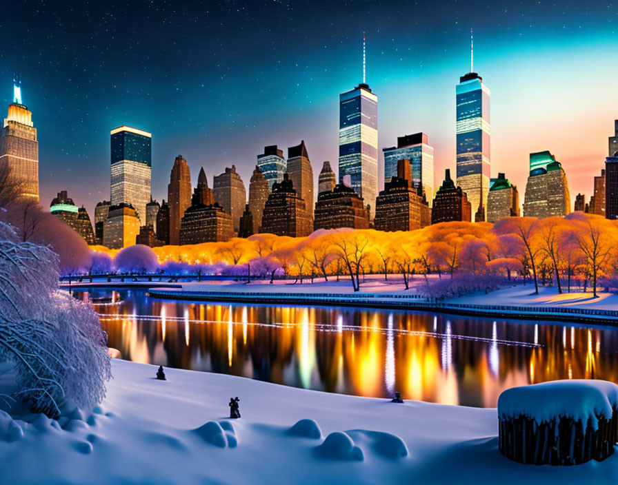 City skyline and illuminated trees in snowy evening scene