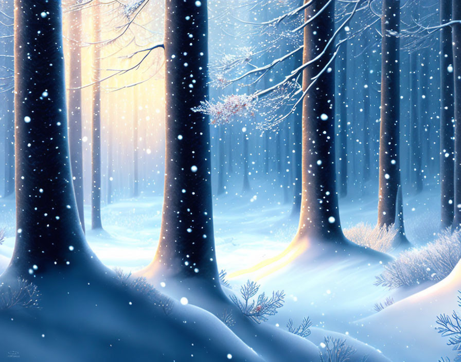 Winter Forest Scene: Snow-covered trees under gentle snowfall