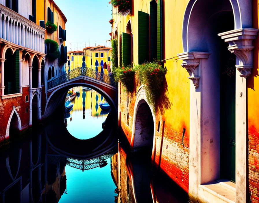 Scenic Venice canal with bright buildings and stone bridge