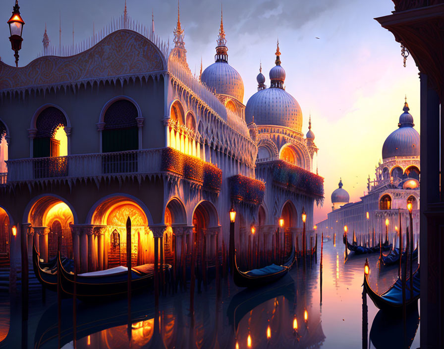 Ornate domed buildings and gondolas in a fantastical cityscape at dusk