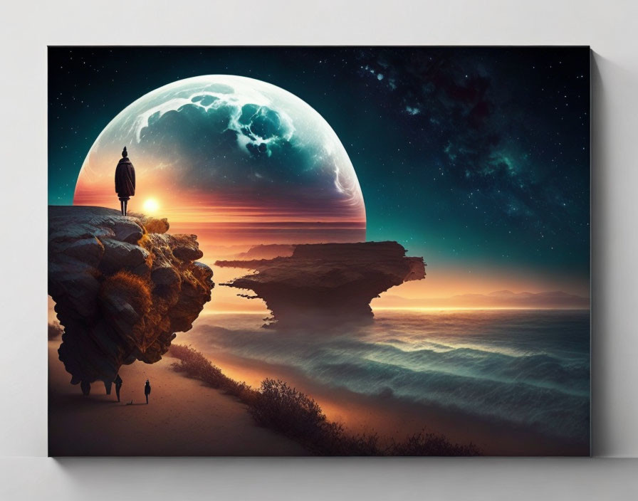 Surreal canvas art: person on beach, cliffs, starry sky, oversized moon