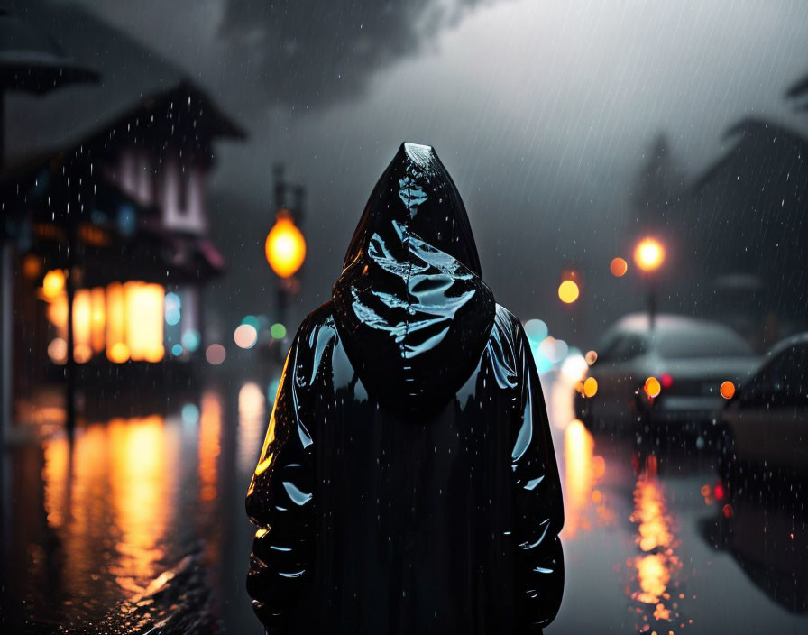 Person in Black Raincoat Standing on Wet Night Street with Illuminated Shop Windows