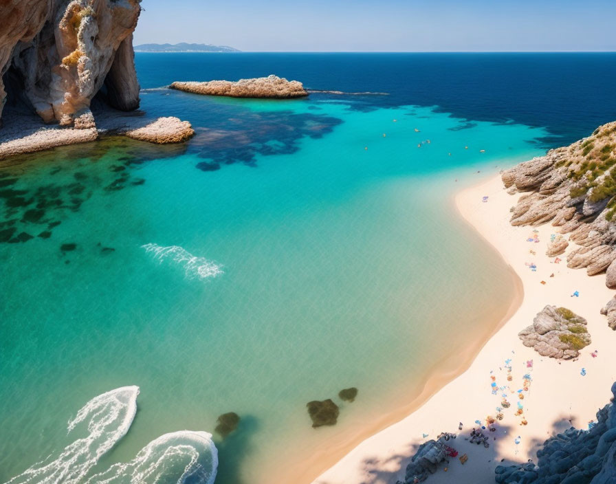 Sunlit Beach with Turquoise Waters, Rocks, and People Relaxing