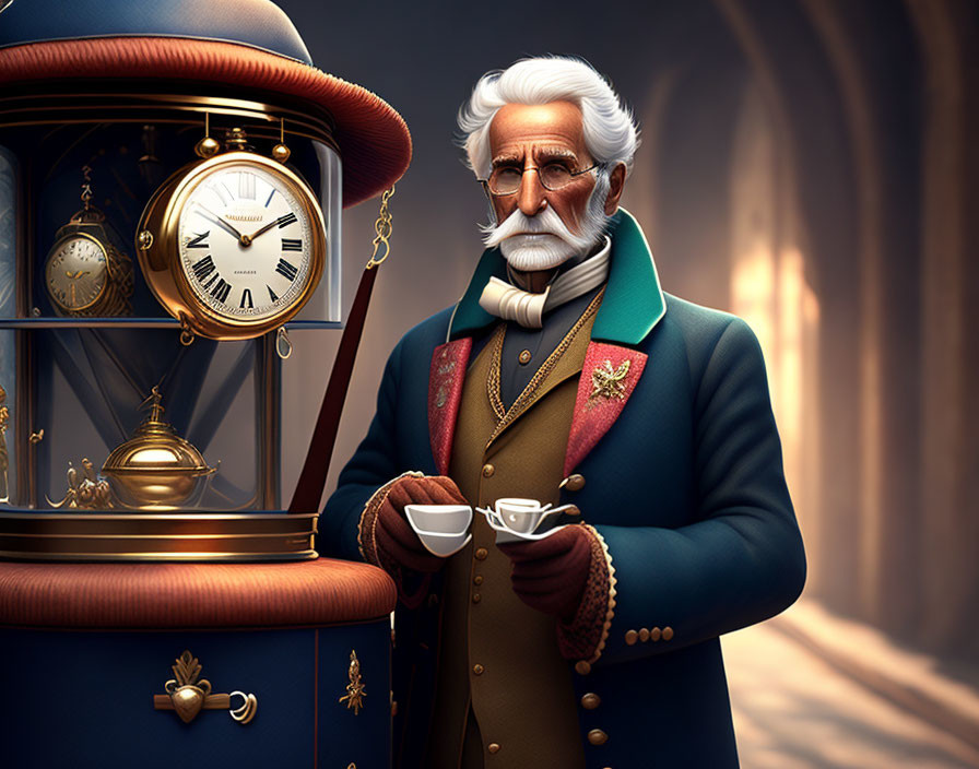 Elderly gentleman with white beard in blue coat by large clock.