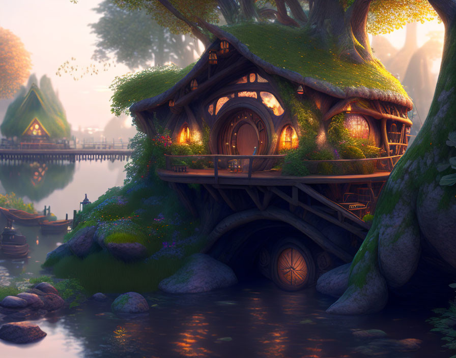 Whimsical Treehouse with Round Doors and Windows by Tranquil Lake at Sunset