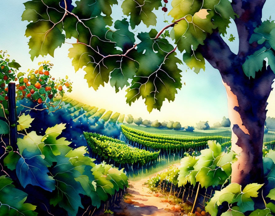 Vibrant watercolor painting of lush vineyard scenery