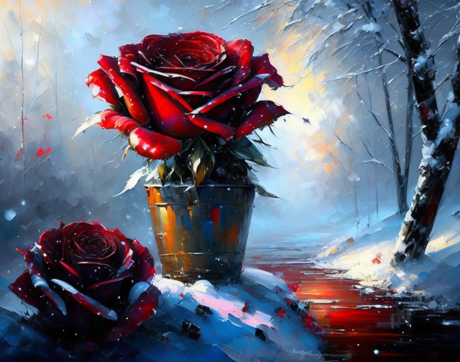 Red roses in pot against snowy backdrop with forest path - a warm-cold contrast