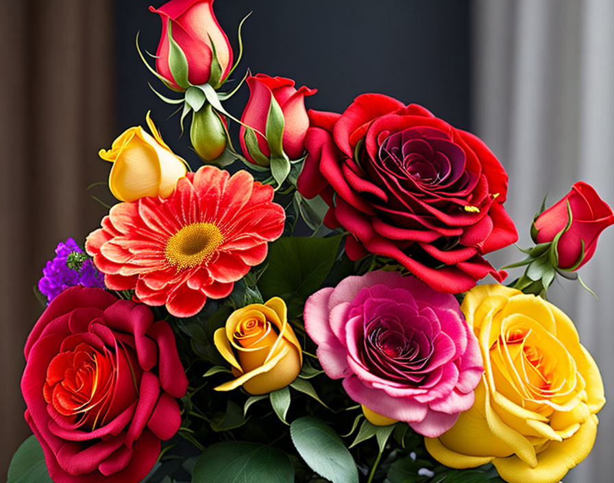 Colorful Floral Arrangement with Red, Yellow, Pink Roses & Orange Gerbera