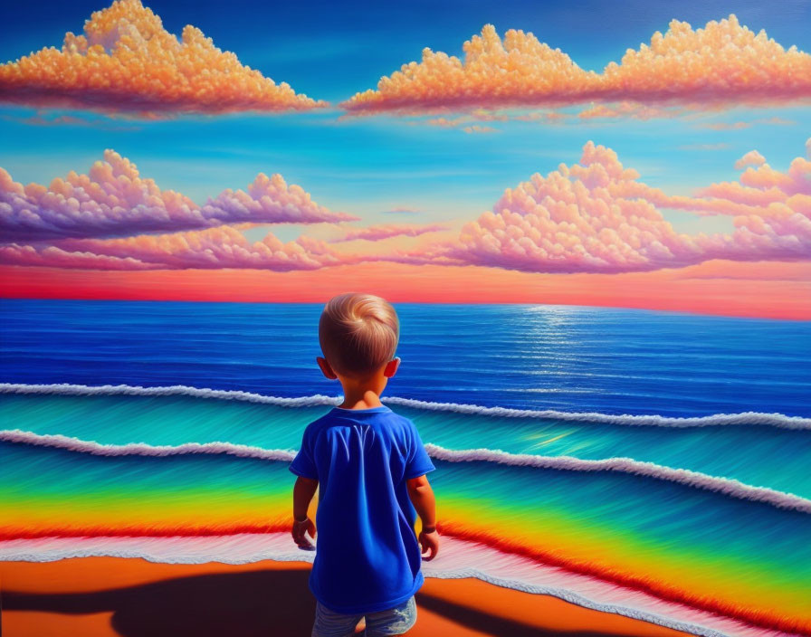 Child in Blue Shirt Admiring Sunset on Colorful Beach