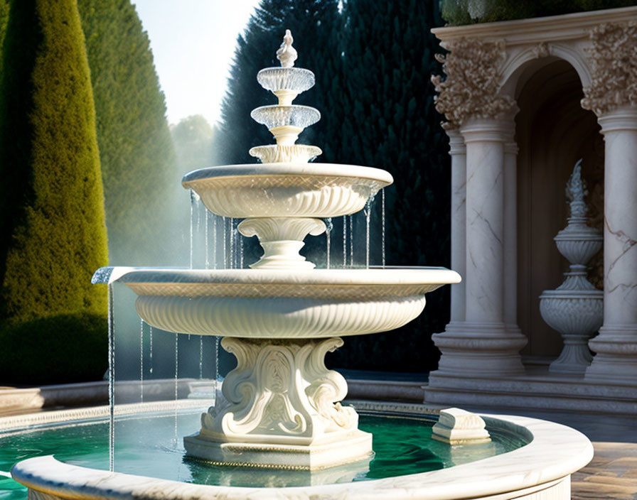 Tiered Water Fountain in Serene Garden with Pavilion