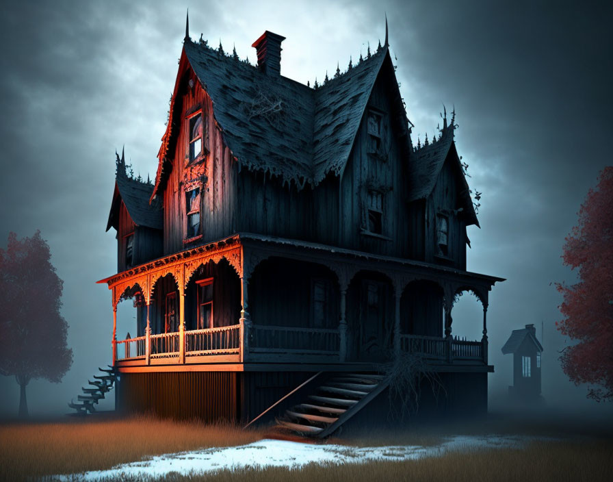 Gothic Style House at Twilight with Misty Backdrop and Intricate Woodwork