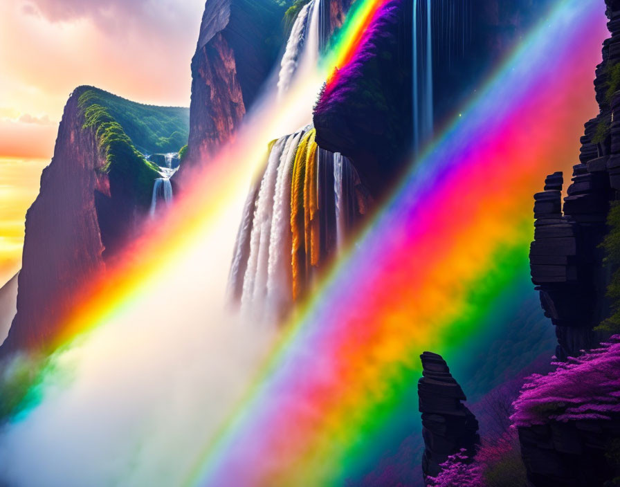 Vivid rainbow over misty waterfall with lush green cliffs