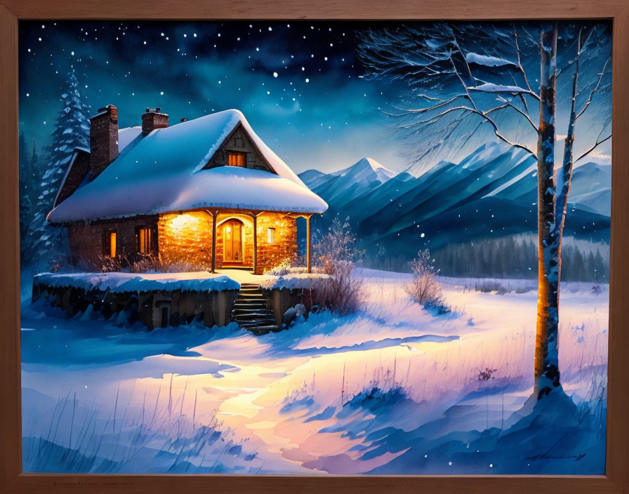 Snowy Evening Cottage with Starry Skies and Mountain Backdrop