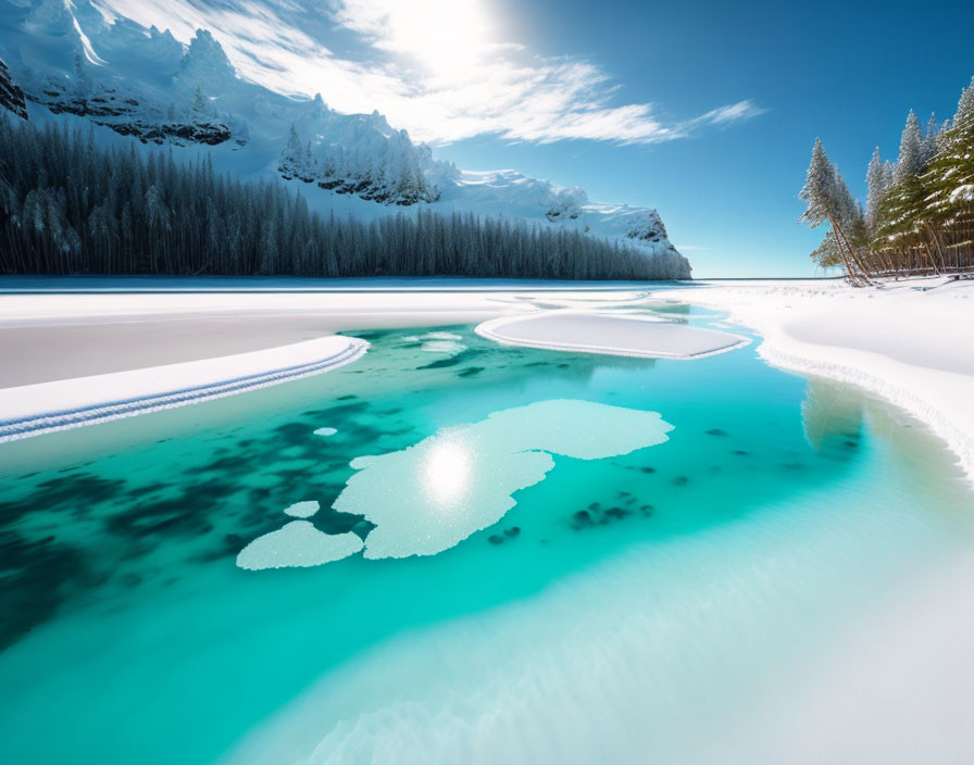 Snowy pine forest meets crystal-clear beach in stunning landscape