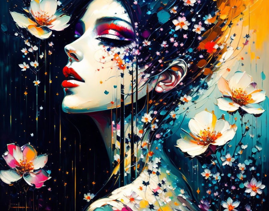 Colorful Woman Portrait with Floral Motifs and Paint Drips