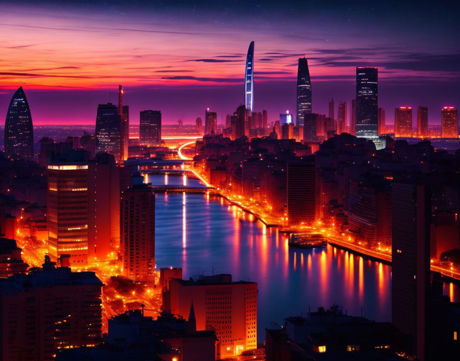 City skyline at dusk: Vibrant buildings, river reflections, red and purple sky