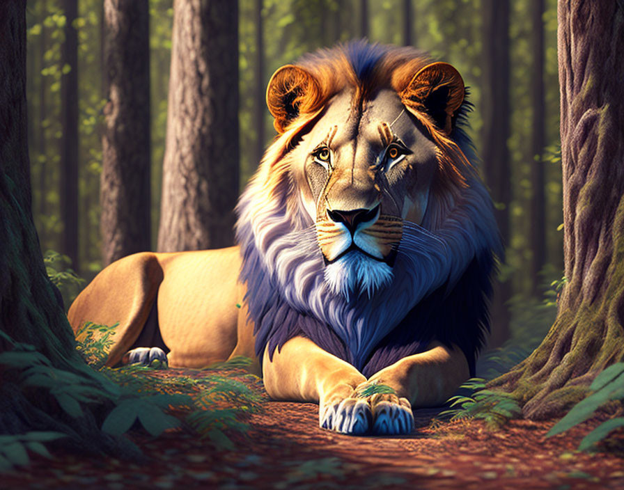 Majestic lion with human-like eyes in forest sunlight