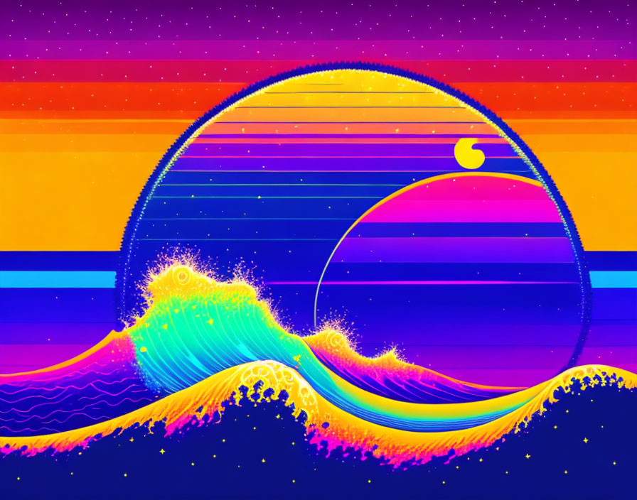 Colorful digital art: stylized waves and gradient stars.