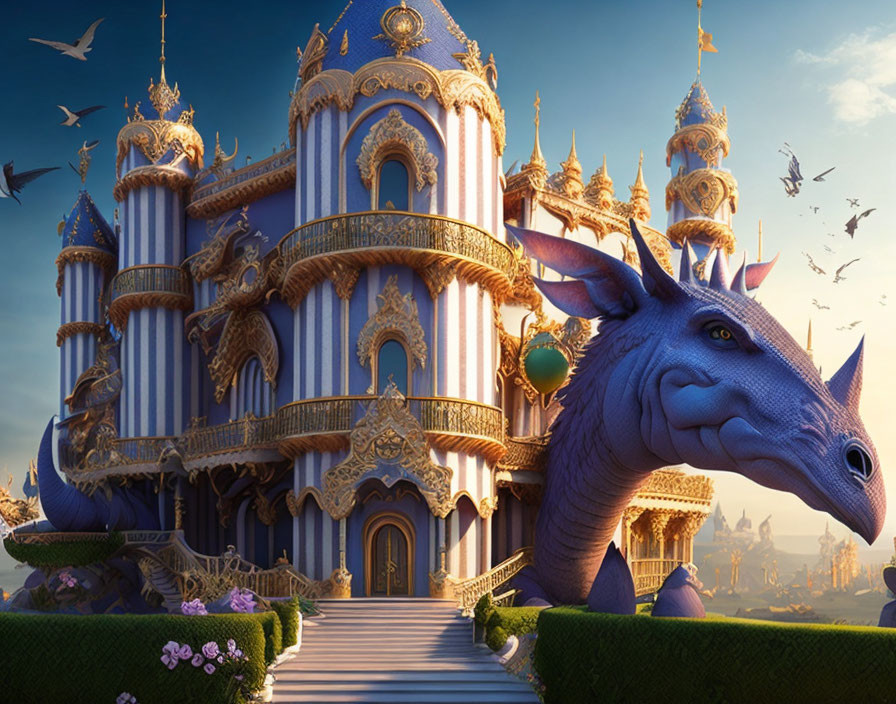 Blue dragon resting near ornate fantasy castle with spiraling towers in twilight sky