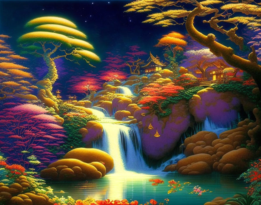 Fantastical illuminated waterfalls in Asian-style landscape