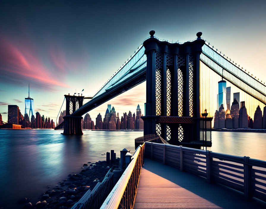 City skyline sunset with bridge, calm waters, wooden pier, skyscrapers